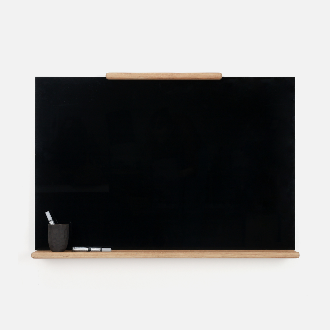 Madison Black Glass Whiteboard - Oak Shelf