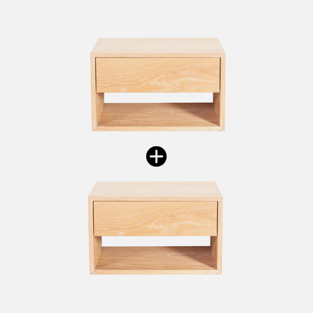 Two wooden nightstands with a plus sign in the center on a white background
