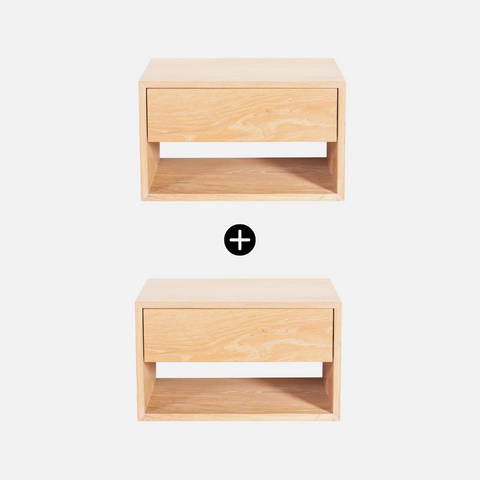 Two wooden nightstands with a plus sign in the center on a white background