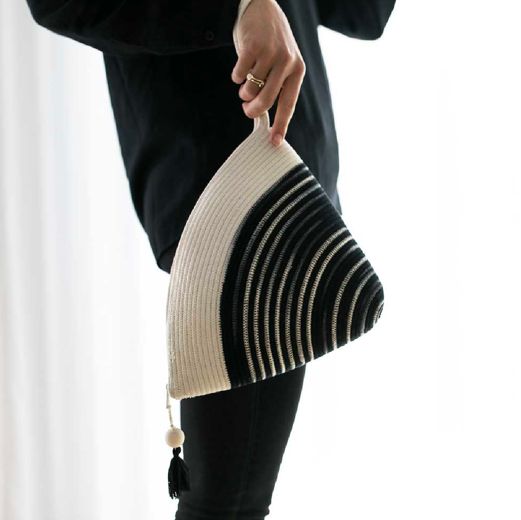 Handle Clutch Bag - Black Ikat