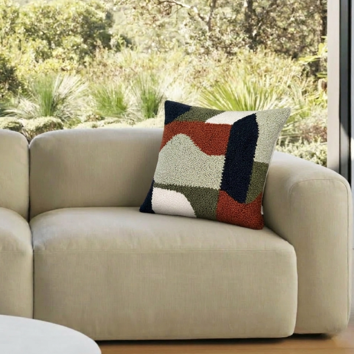 Punch Needle Scatter Cushion - Curvature Pattern 3 Rust & Olive