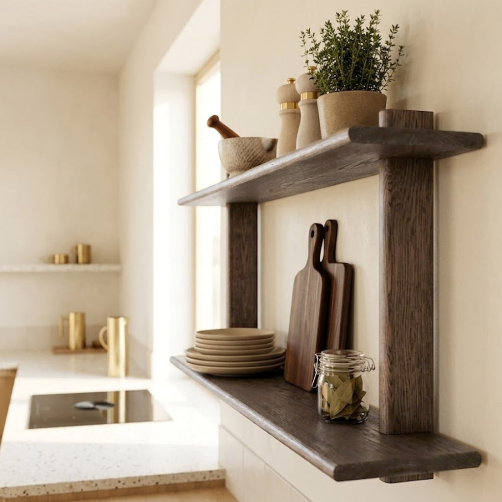 Kitchen shelves with wooden cutting boards, bowls, and jars on a neutral background
