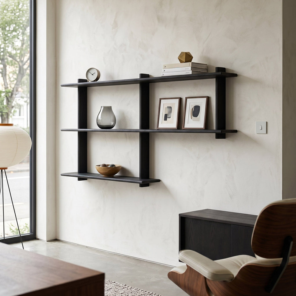 Black wall shelf with decorative items in a modern room setting.