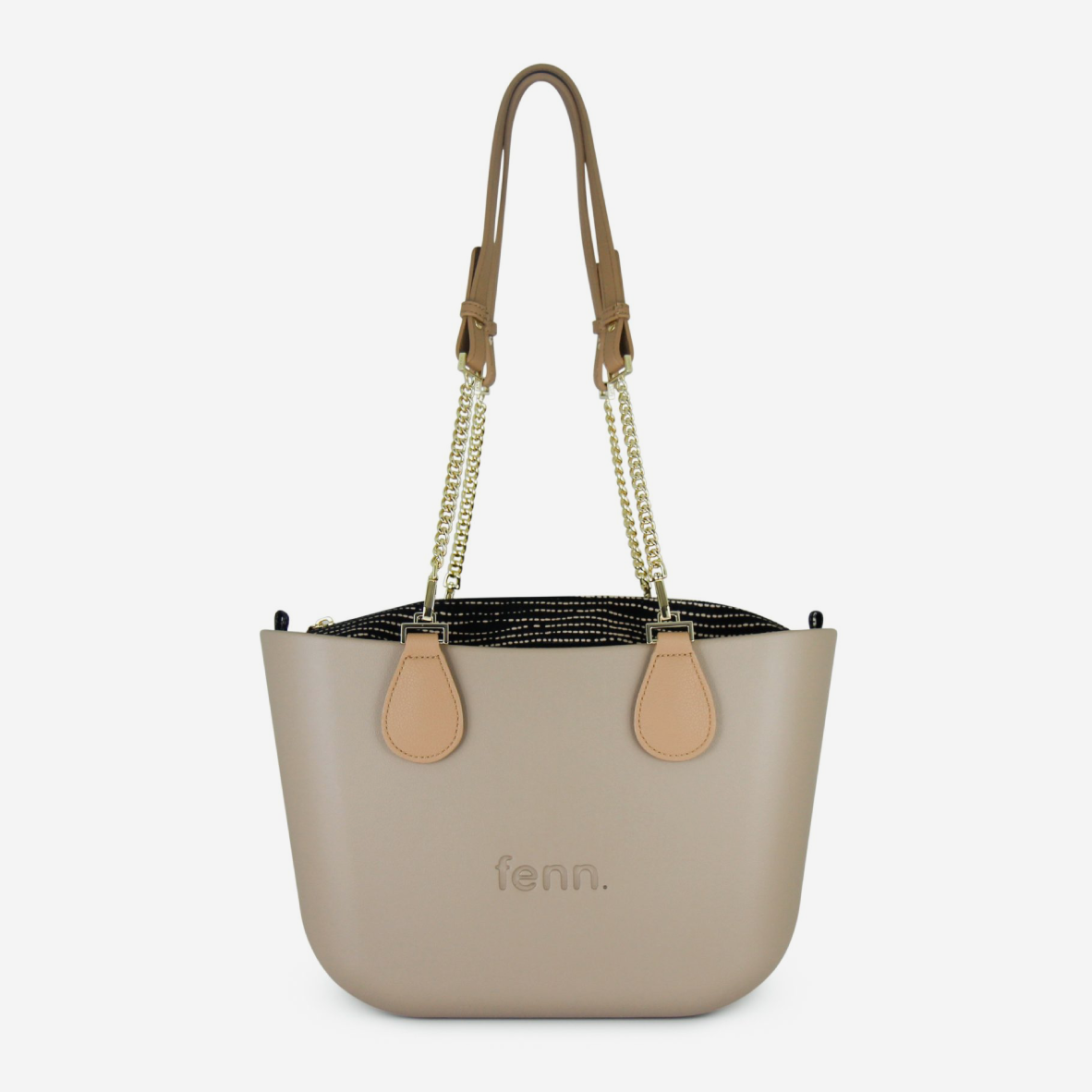 Petite Handbag - Stone - Dotted Lines Inner - Light Tan Handle - Gold Chain