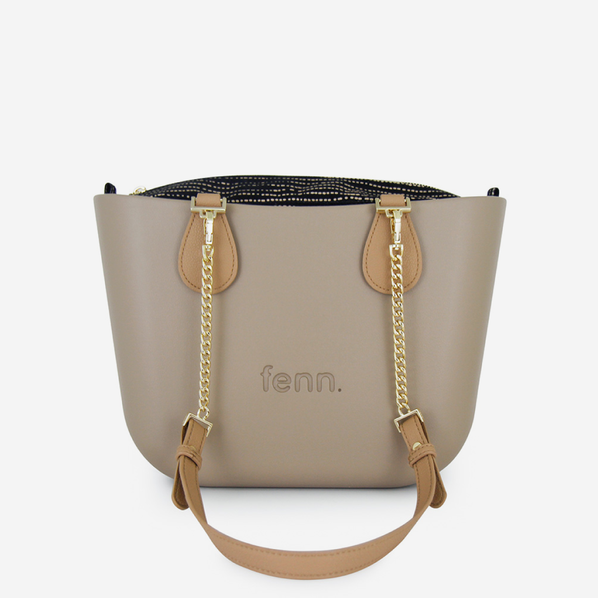 Petite Handbag - Stone - Dotted Lines Inner - Light Tan Handle - Gold Chain