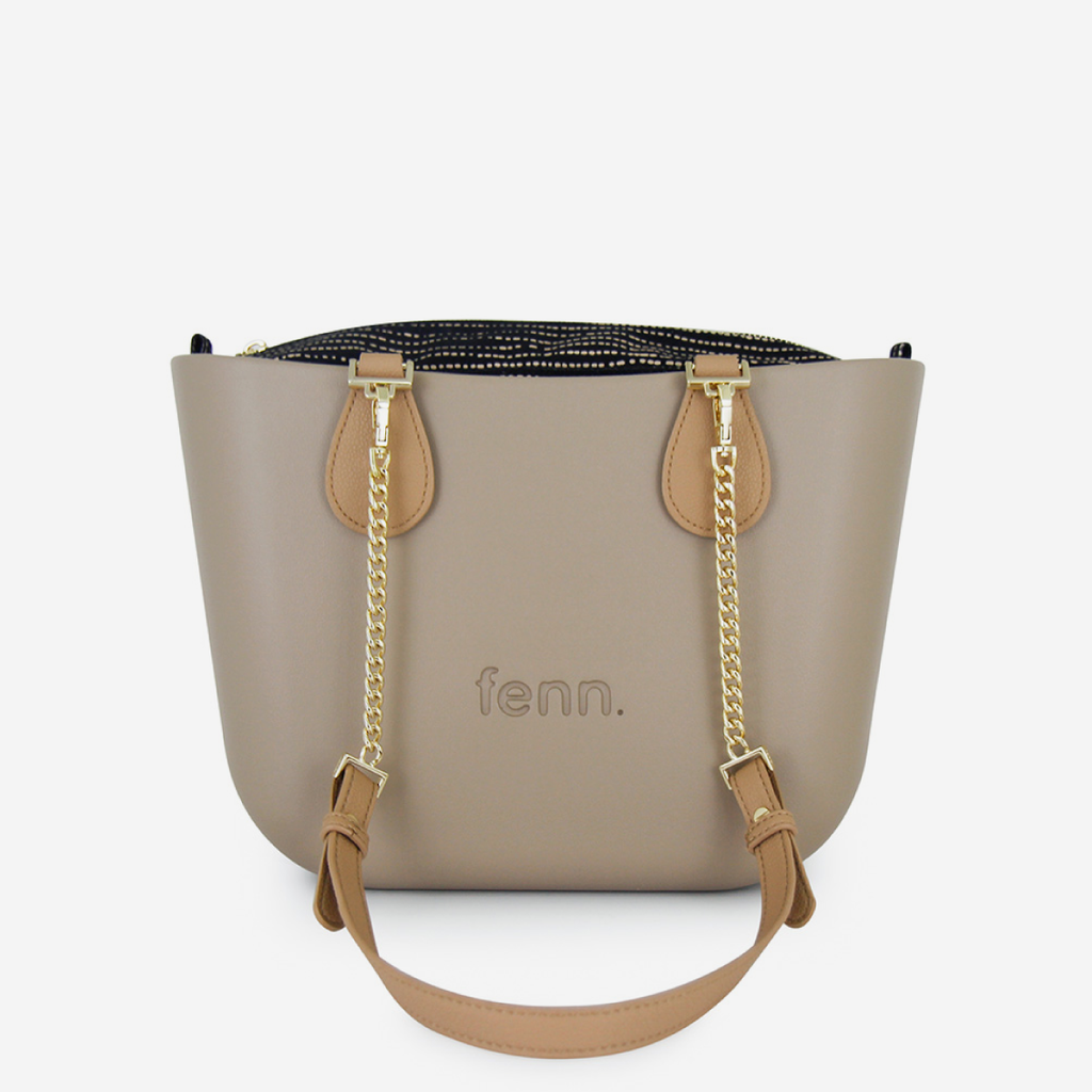 Petite Handbag - Stone - Dotted Lines Inner - Light Tan Handle - Gold Chain