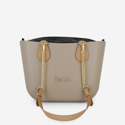 Petite Handbag - Stone - Dotted Lines Inner - Light Tan Handle - Gold Chain