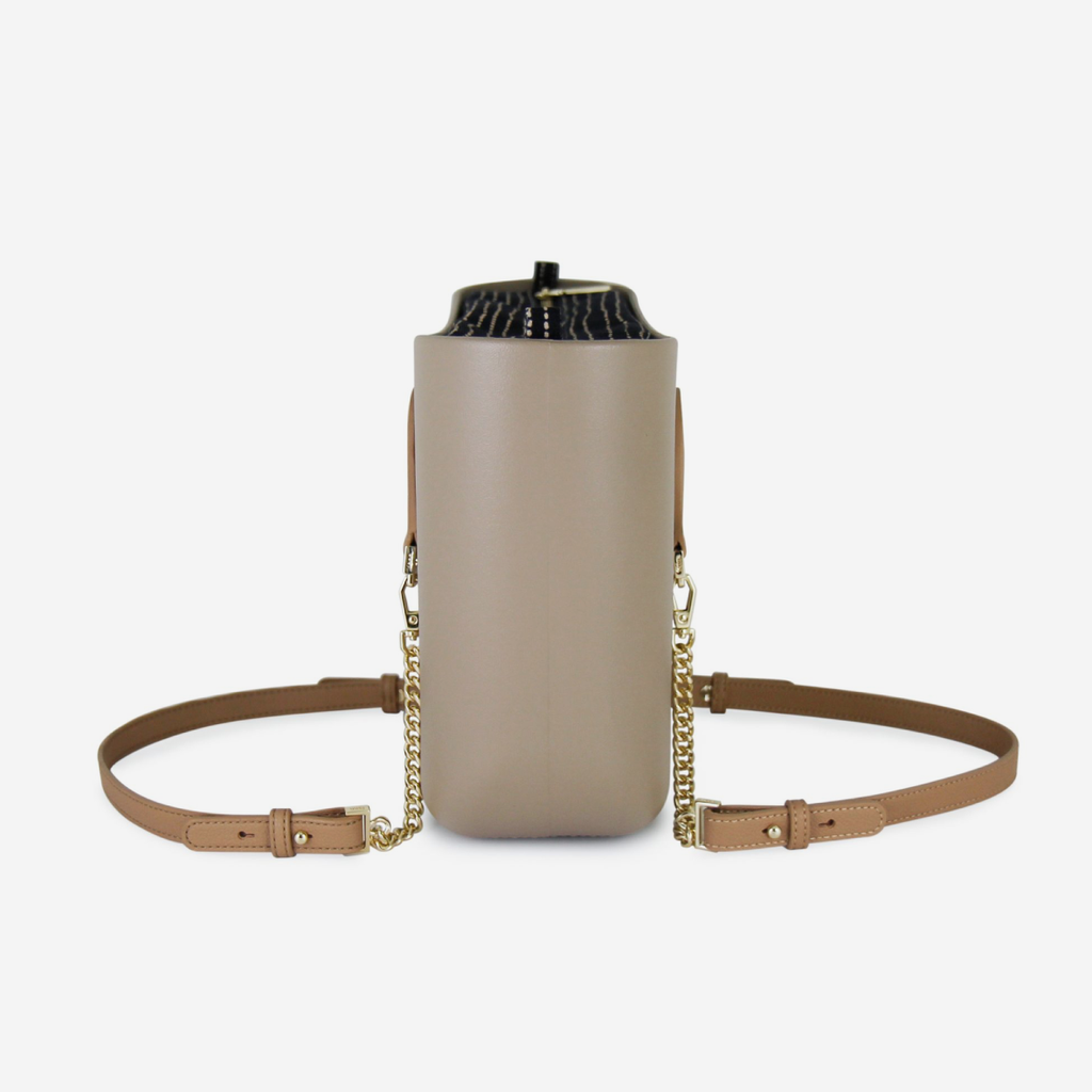 Petite Handbag - Stone - Dotted Lines Inner - Light Tan Handle - Gold Chain