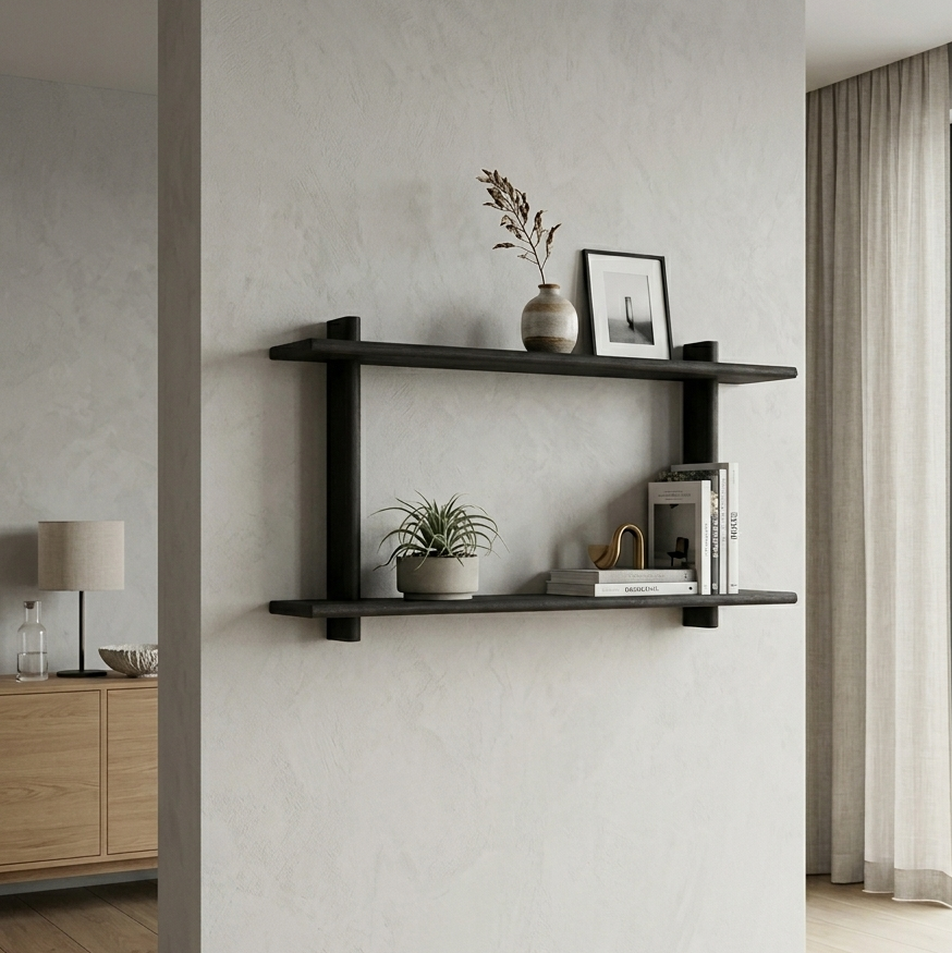 Black wall shelf with decorative items against a light gray wall.