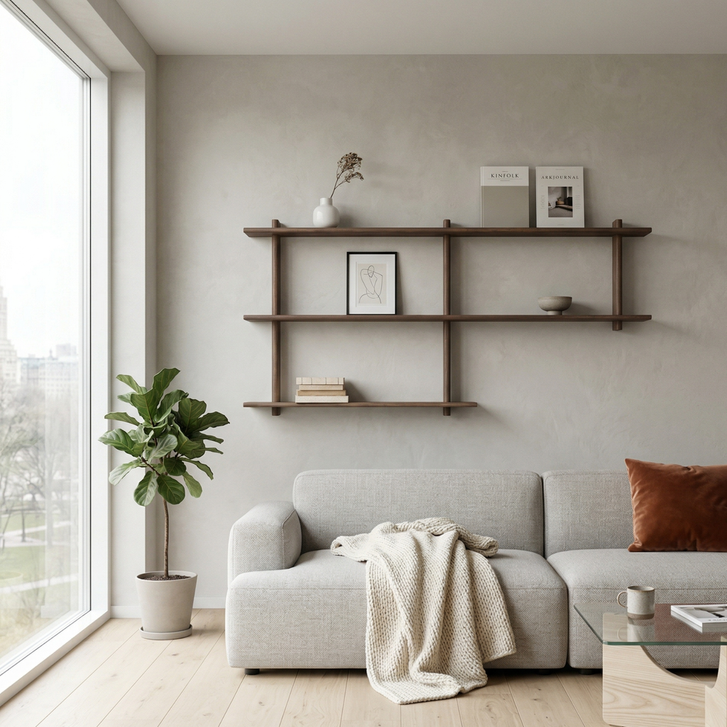 Wooden wall shelf with three shelves in a modern setting