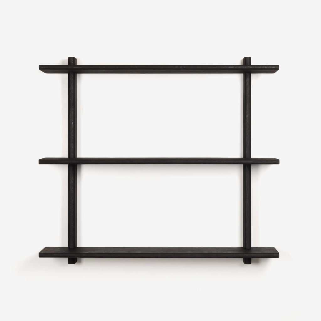 Black wooden wall shelf with two levels on a white background