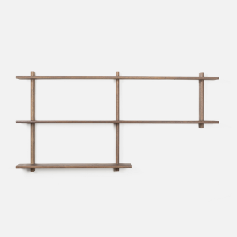 Wooden wall shelf with three horizontal shelves on a white background