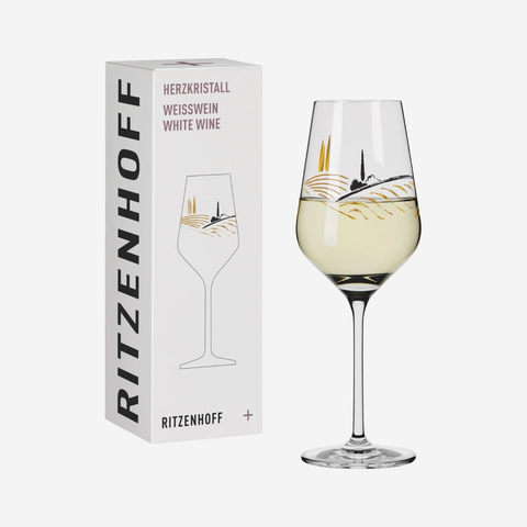 Ritzenhoff wine glass with white wine and packaging on a white background