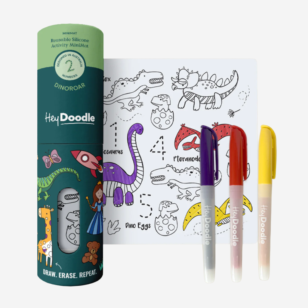 HeyDoodle dinosaur-themed coloring set with markers and activity book on a white background