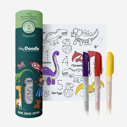 HeyDoodle dinosaur-themed coloring set with markers and activity book on a white background