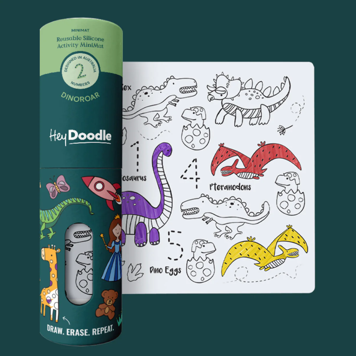 HeyDoodle dinosaur-themed activity set with coloring sheet and packaging on a dark green background
