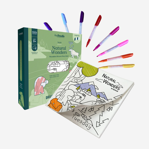 Coloring book with 'Natural Wonders' design and markers on a white background