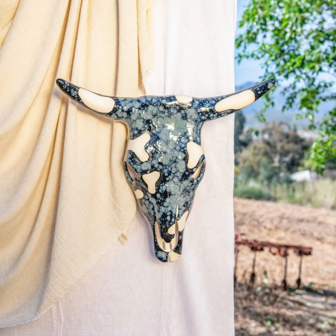 Hand Painted Large Cow Skull - Obsidian