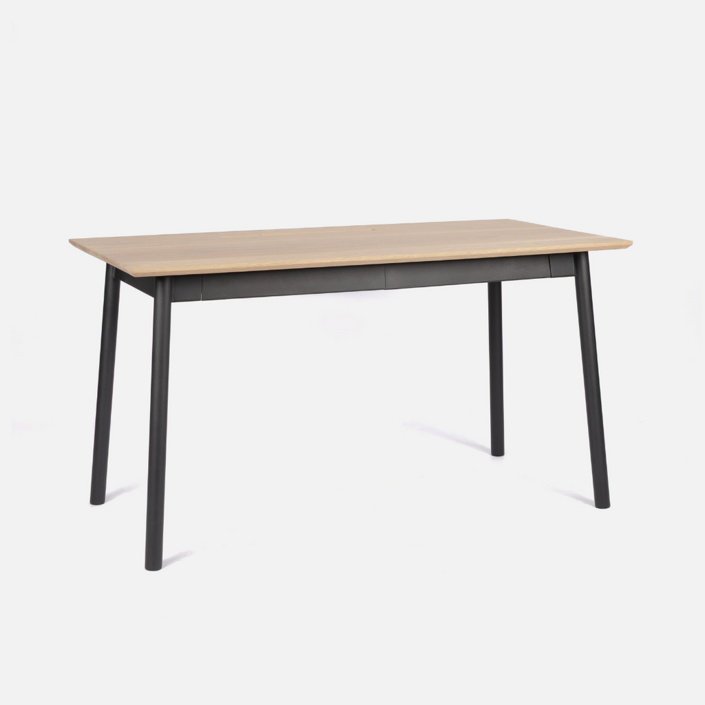 Rectangular table with wooden top and black metal legs on a white background