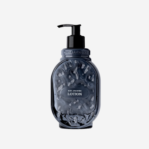 A dark blue-gray textured bottle of Sir Jacobs Lotion with a black pump dispenser, centered on a light gray background.