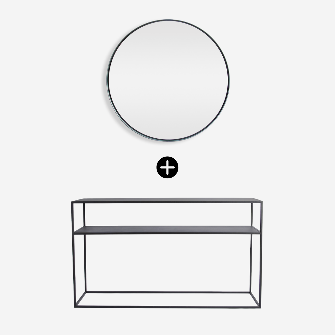 Round mirror and rectangular metal console table on a white background