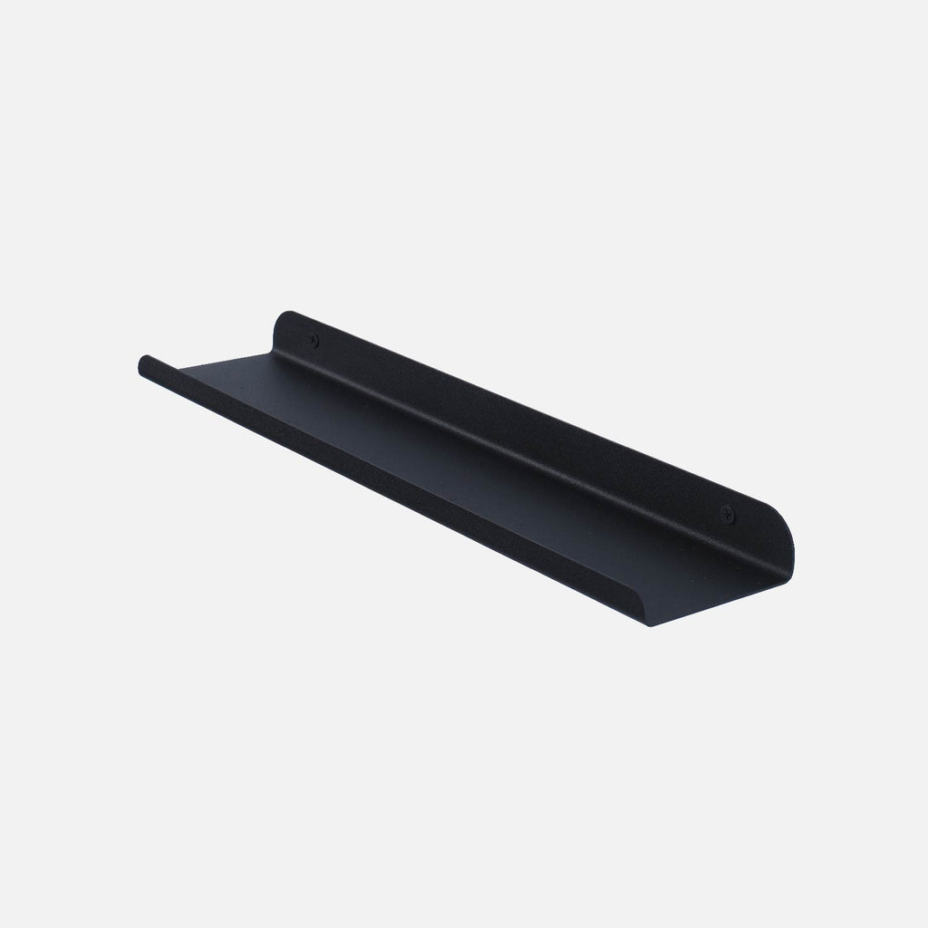 A black mini lip shelf made of powder-coated steel, designed to be mounted on a wall.